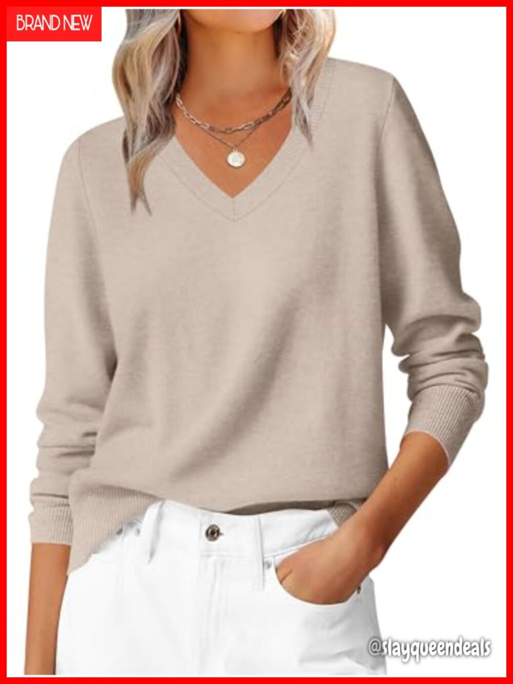 Women's Long Sleeve V Neck Lightweight Pullover Sweater Ribbed Cuffs